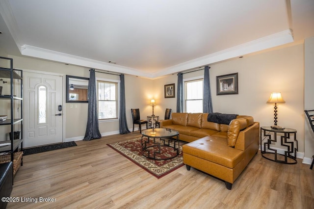 living area with a healthy amount of sunlight, a raised ceiling, and light wood-type flooring