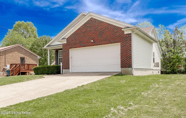 view of property exterior with a garage, a lawn, concrete driveway, and brick siding