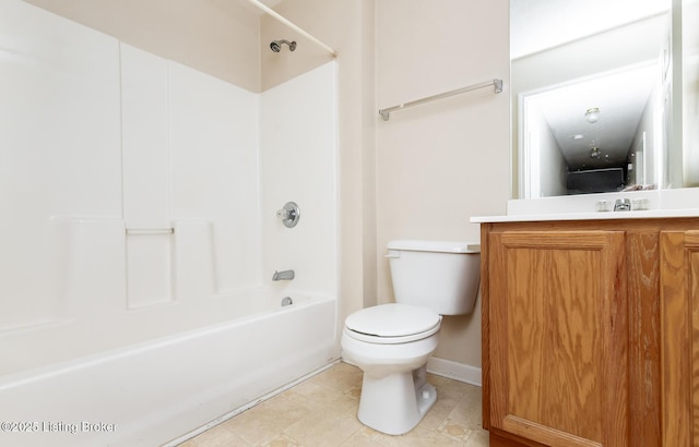 full bathroom featuring vanity, shower / bathing tub combination, baseboards, and toilet