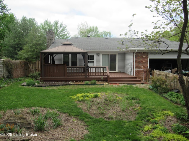 11802 Running Creek Rd, Douglass Hills, KY 40243 - back of property featuring a gazebo, a deck, a chimney, a shingled roof, and brick siding