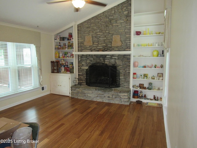 11802 Running Creek Rd, Douglass Hills, KY 40243 - living area with a ceiling fan, wood finished floors, ornamental molding, a fireplace, and lofted ceiling