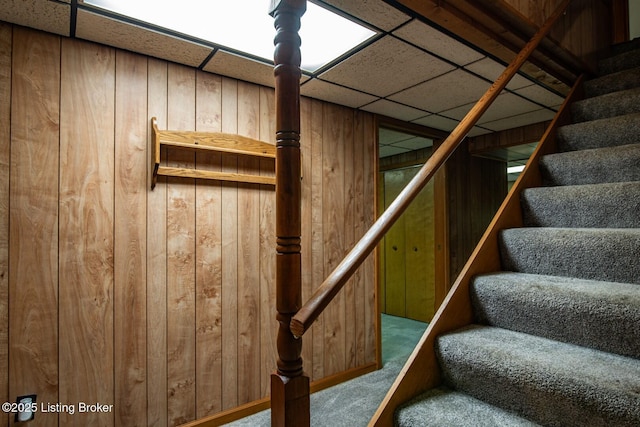 4217 Deckard School Rd, Radcliff, KY 40160 - stairs with carpet flooring, wooden walls, and a drop ceiling