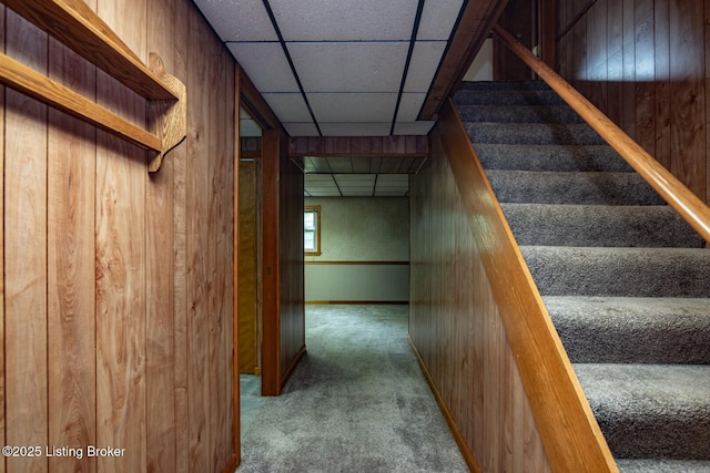 4217 Deckard School Rd, Radcliff, KY 40160 - stairs featuring carpet floors, wooden walls, and a drop ceiling