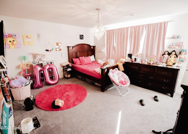 bedroom featuring visible vents, a chandelier, and carpet floors