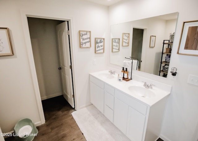 bathroom with wood finished floors, double vanity, and a sink