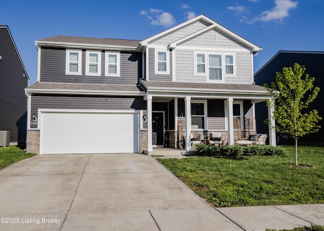 craftsman-style house with a porch, central AC unit, driveway, a front yard, and an attached garage