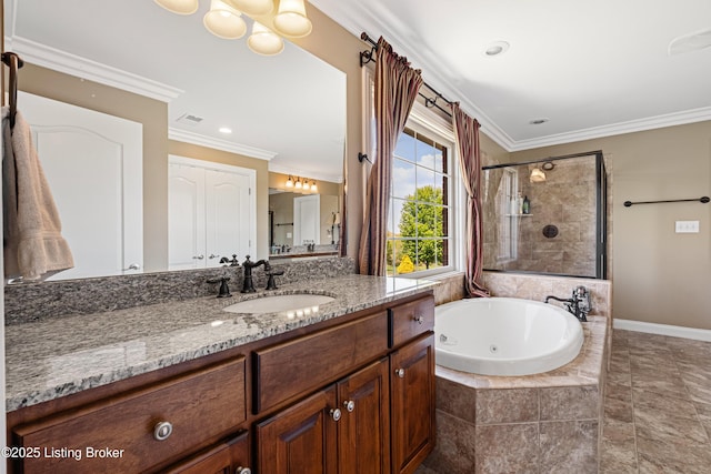 full bathroom with crown molding, vanity, visible vents, a whirlpool tub, and a shower stall