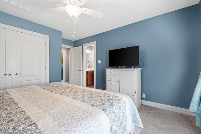 bedroom featuring visible vents, a closet, baseboards, ceiling fan, and carpet flooring