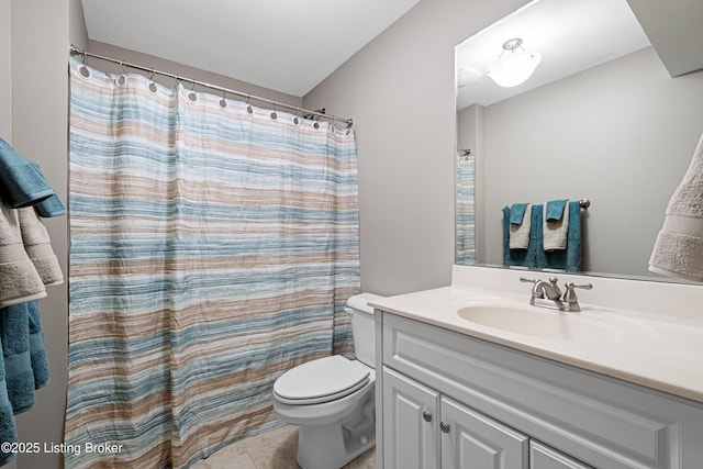 full bath featuring toilet, a shower with curtain, tile patterned flooring, and vanity