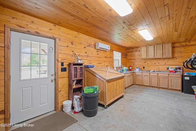 interior space featuring wood ceiling, a wall unit AC, a healthy amount of sunlight, and unfinished concrete floors