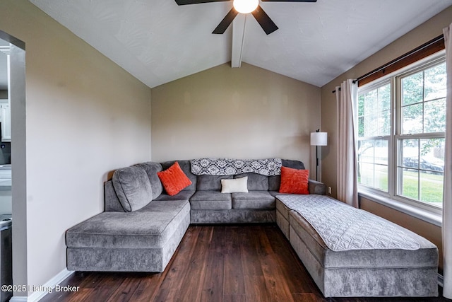 living room featuring dark wood-style floors, ceiling fan, and baseboards