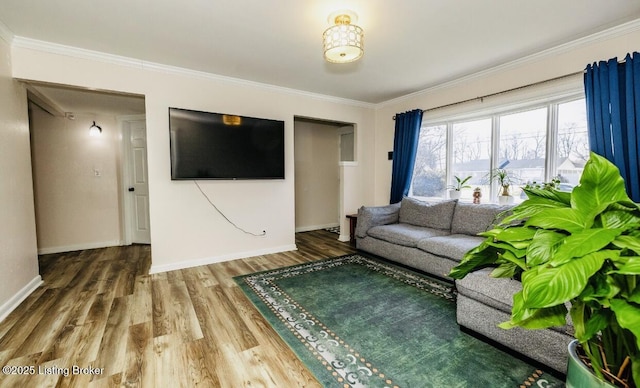 living room featuring baseboards, wood finished floors, and ornamental molding