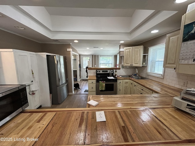 kitchen featuring tasteful backsplash, plenty of natural light, stainless steel appliances, and butcher block counters