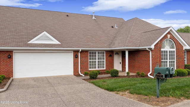 10436 Monticello Forest Cir, Louisville, KY 40299 - ranch-style home with brick siding, a garage, roof with shingles, and driveway