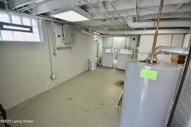 below grade area featuring washer and dryer, water heater, and electric panel