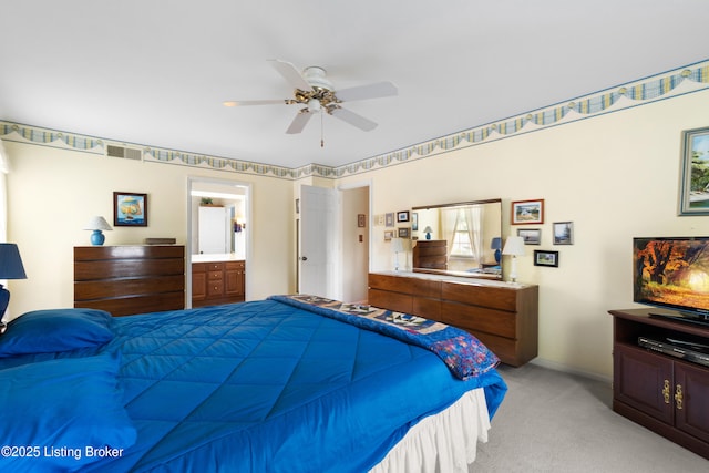7103 Green Spring Dr, Louisville, KY 40241 - bedroom with light colored carpet, connected bathroom, a ceiling fan, and baseboards