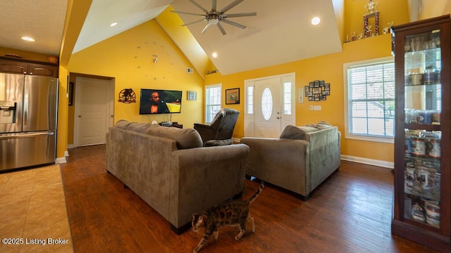 113 Chattanooga Dr, Coxs Creek, KY 40013 - living area featuring dark wood-type flooring, a ceiling fan, high vaulted ceiling, and baseboards