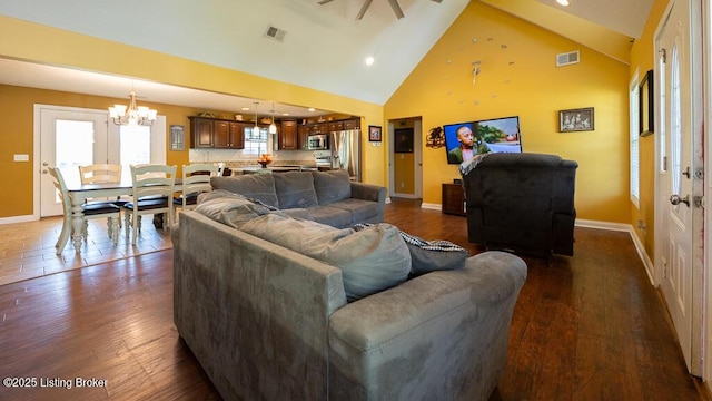 113 Chattanooga Dr, Coxs Creek, KY 40013 - living area featuring dark wood-type flooring, visible vents, high vaulted ceiling, and baseboards