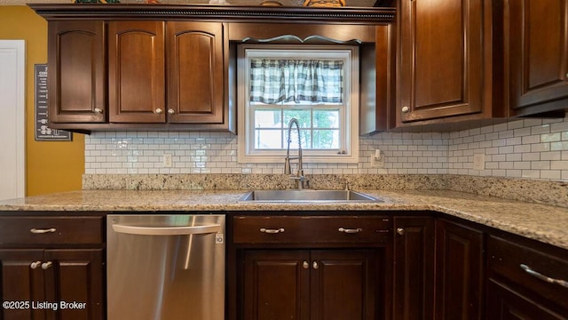 113 Chattanooga Dr, Coxs Creek, KY 40013 - kitchen featuring dark brown cabinetry, light stone countertops, decorative backsplash, dishwasher, and a sink