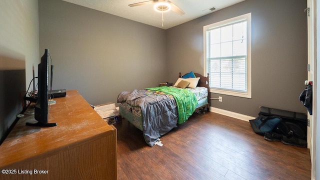 113 Chattanooga Dr, Coxs Creek, KY 40013 - bedroom with visible vents, ceiling fan, baseboards, and dark wood finished floors