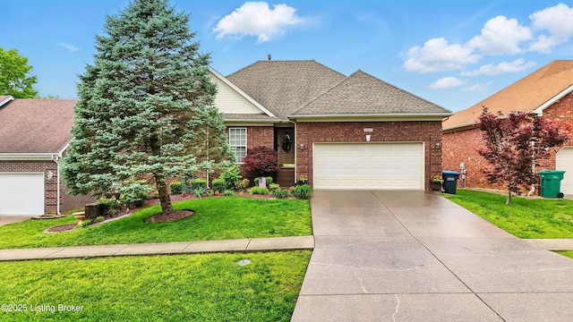 traditional-style home with concrete driveway, an attached garage, a front lawn, brick siding, and a shingled roof