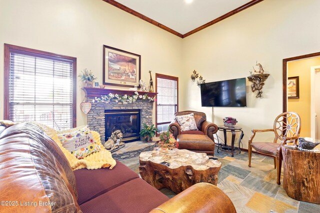 living area featuring plenty of natural light, ornamental molding, baseboards, and a fireplace