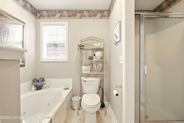bathroom with a shower stall, a whirlpool tub, toilet, and tile patterned floors