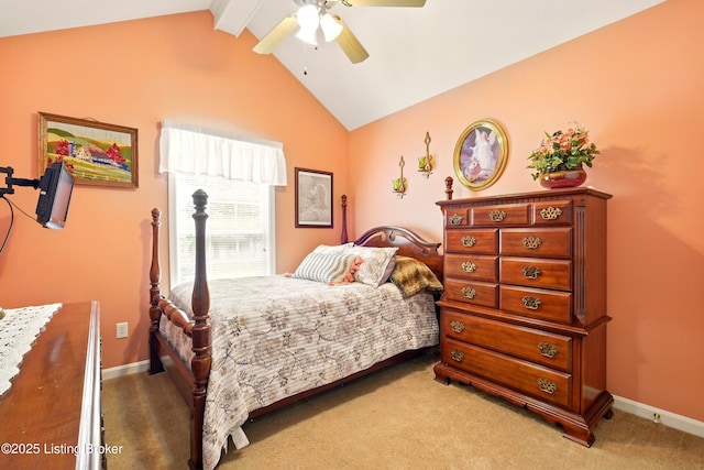 bedroom with vaulted ceiling, carpet flooring, ceiling fan, and baseboards