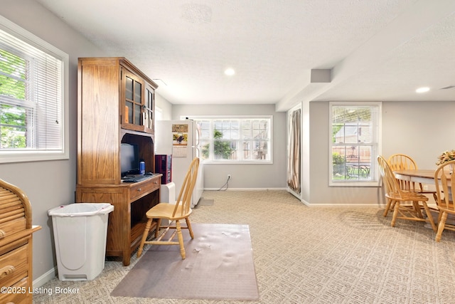 office area with baseboards, a textured ceiling, healthy amount of natural light, light colored carpet, and recessed lighting