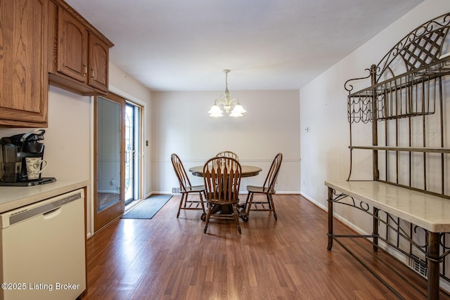 8701 Cottingham Way, Louisville, KY 40258 - dining room with dark wood-style flooring, a chandelier, and baseboards