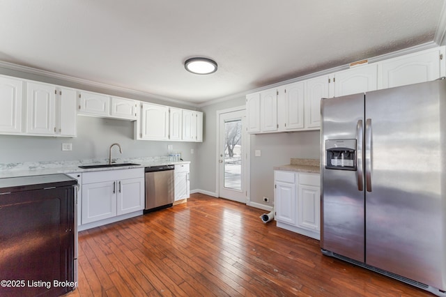 kitchen featuring a sink, appliances with stainless steel finishes, white cabinetry, and dark wood-type flooring