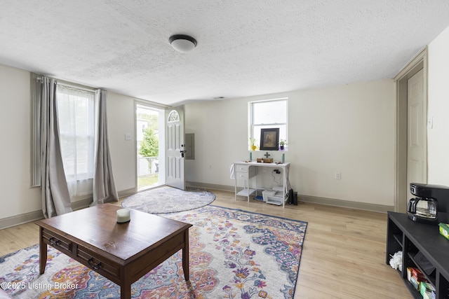 living area featuring light wood-style flooring, a textured ceiling, and a wealth of natural light