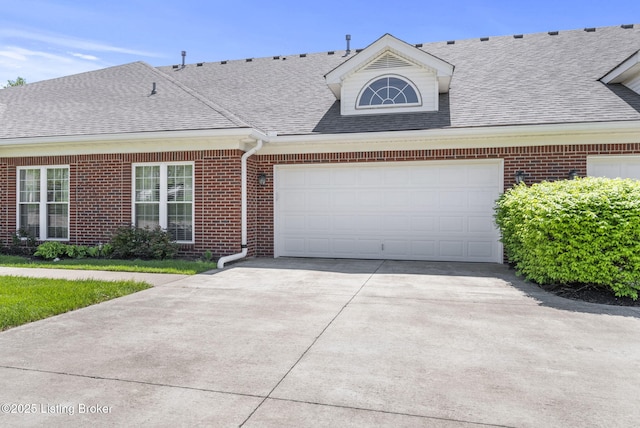 view of front facade featuring concrete driveway, brick siding, an attached garage, and roof with shingles
