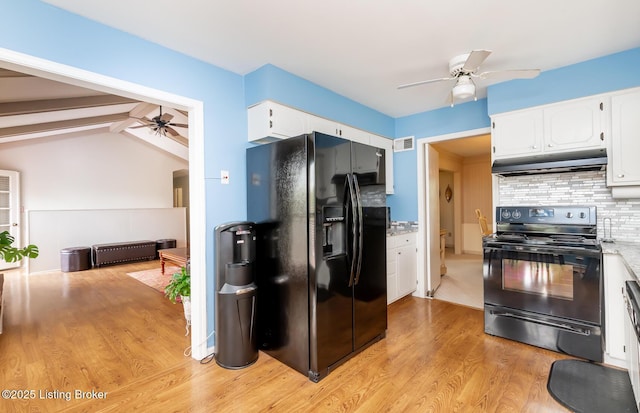 kitchen featuring ceiling fan, under cabinet range hood, white cabinets, tasteful backsplash, and black appliances