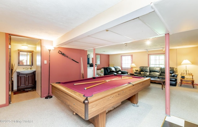 playroom with billiards and light carpet