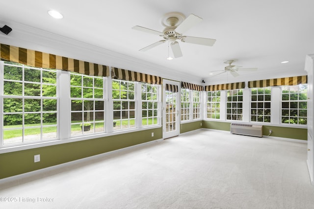 2224 Wynnewood Cir, Louisville, KY 40222 - unfurnished sunroom with crown molding, carpet, baseboards, a wall mounted air conditioner, and french doors