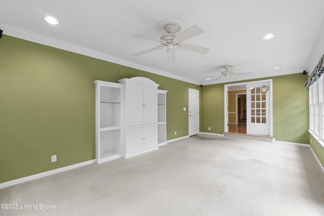 2224 Wynnewood Cir, Louisville, KY 40222 - empty room with a ceiling fan, baseboards, ornamental molding, recessed lighting, and light colored carpet