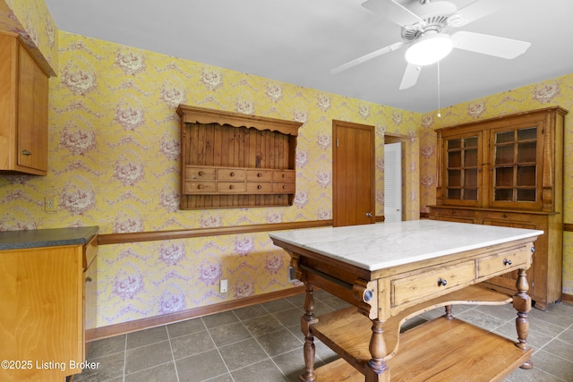 2224 Wynnewood Cir, Louisville, KY 40222 - recreation room featuring baseboards, ceiling fan, wallpapered walls, and tile patterned floors