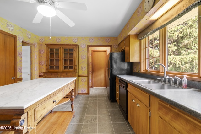 2224 Wynnewood Cir, Louisville, KY 40222 - kitchen with wallpapered walls, a sink, black dishwasher, brown cabinets, and baseboards