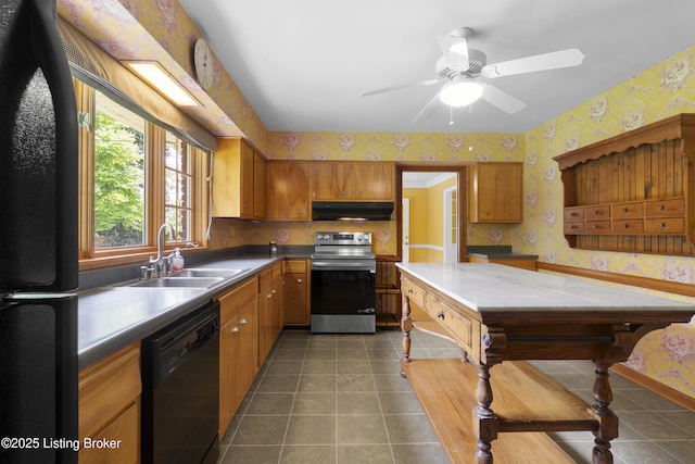 2224 Wynnewood Cir, Louisville, KY 40222 - kitchen featuring black appliances, wallpapered walls, under cabinet range hood, a sink, and dark tile patterned flooring