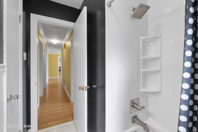 2224 Wynnewood Cir, Louisville, KY 40222 - full bath featuring crown molding, shower / bath combination with curtain, tile patterned flooring, and baseboards