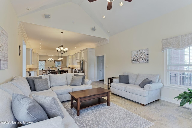 living room with baseboards, ornamental molding, ceiling fan with notable chandelier, and recessed lighting
