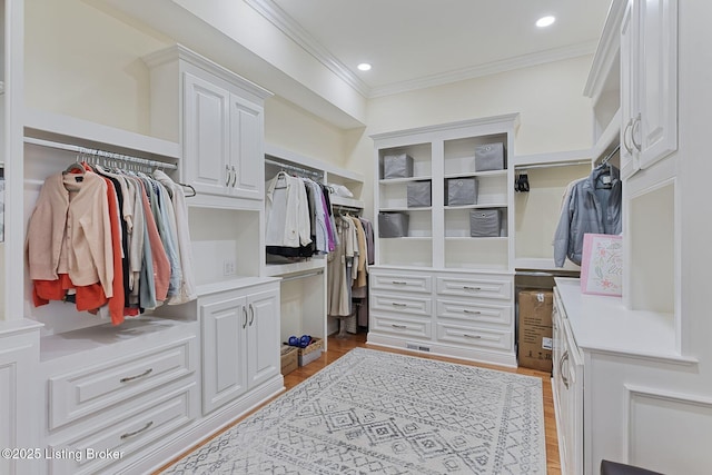 walk in closet with light wood-type flooring