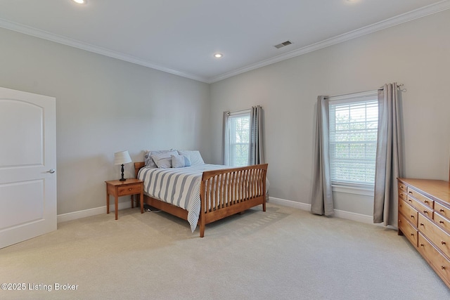 bedroom featuring crown molding, recessed lighting, baseboards, and light colored carpet