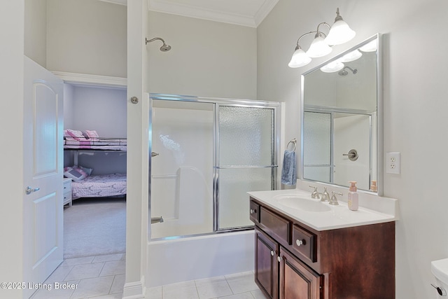 full bath with vanity, ornamental molding, tile patterned floors, and shower / bath combination with glass door