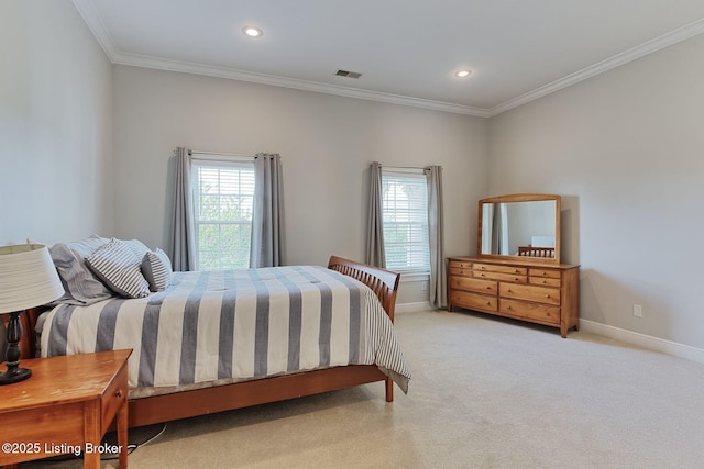 carpeted bedroom with recessed lighting, baseboards, visible vents, and ornamental molding