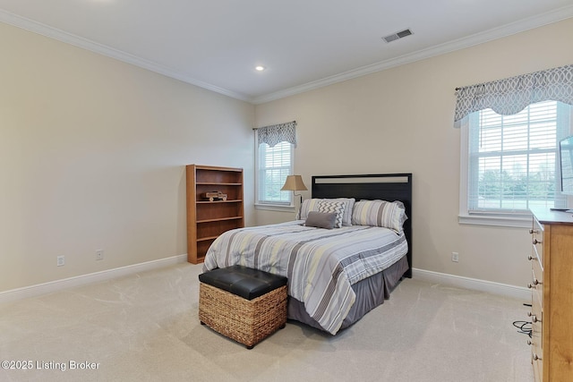 bedroom with visible vents, crown molding, light carpet, baseboards, and recessed lighting