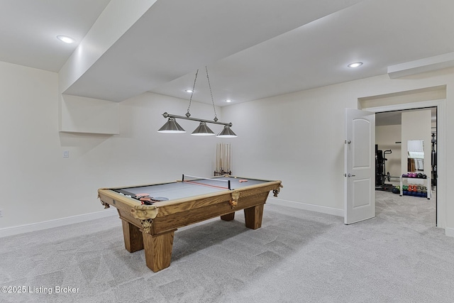 playroom with recessed lighting, baseboards, light carpet, and billiards