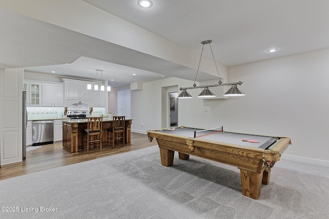 game room featuring carpet floors, recessed lighting, baseboards, and billiards