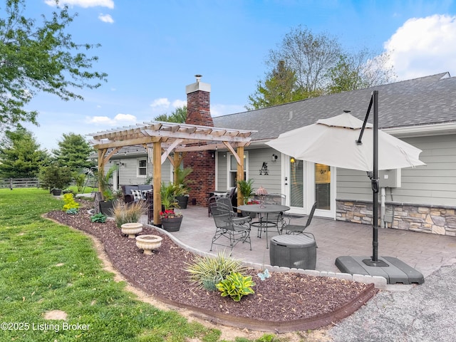 rear view of property with a chimney, a lawn, a patio, fence, and a pergola